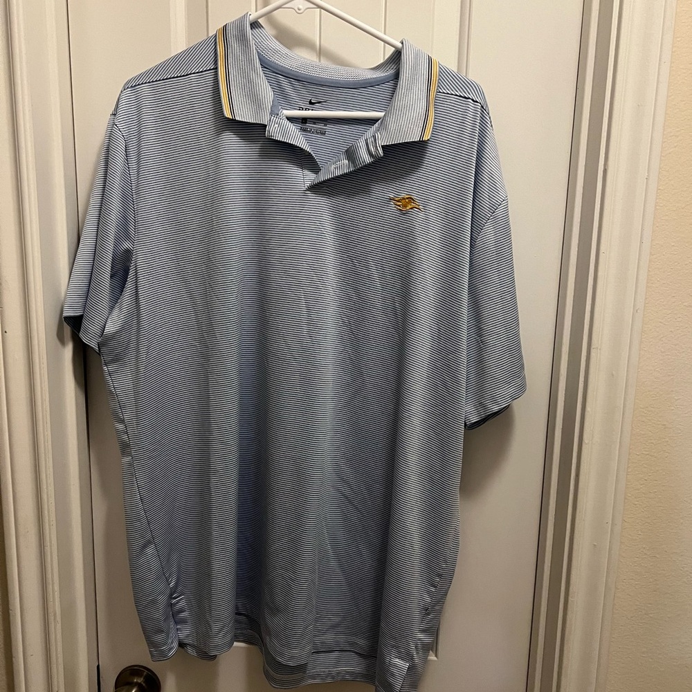Disney Cruise Line Men's Light Blue Striped Polo with Yellow Accent